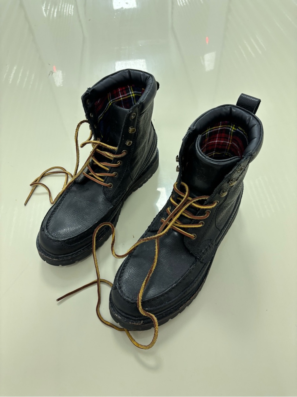 Polo by Ralph Lauren Black Leather Lace-Up Boots with Tan Laces